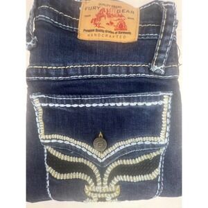 Fury Gear Mens Dark Wash Embroidered Contrast Stitch Denim Jeans 30x28
